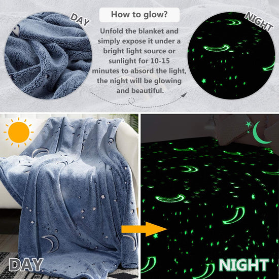 Image Title Glow in The Dark Throw Blanket, Moon and Stars Soft Warm Cozy Fuzzy Plush Blanket for Kids Teenage Boys Girls Women Best Friend Birthday Christmas